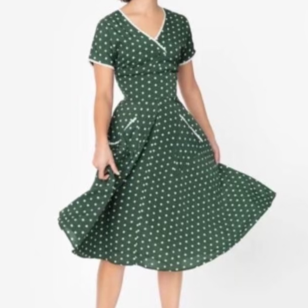 Unique Vintage style 1950s Dark Green with white polka dots swing dress